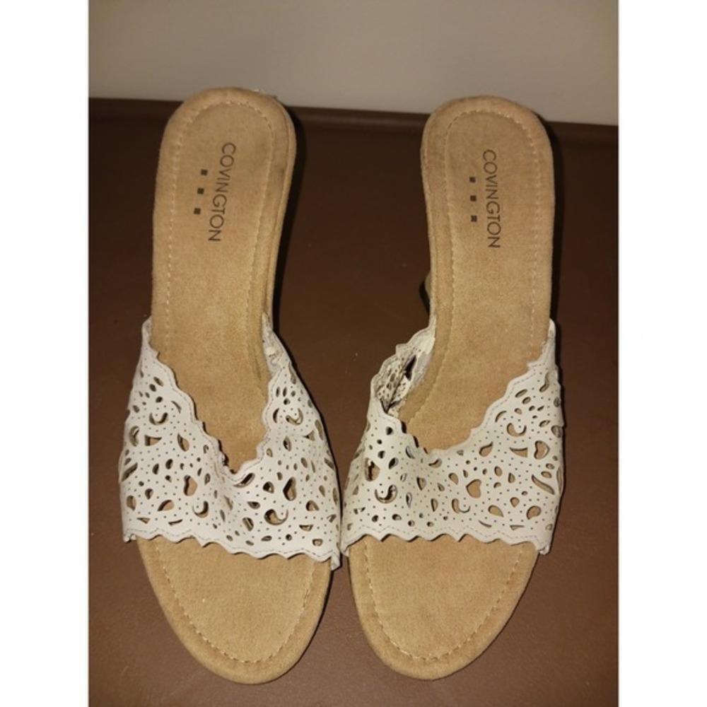 Covington Josie‎ Beige Suede Wedge White Leather Perforated Sandals Shoes 7
